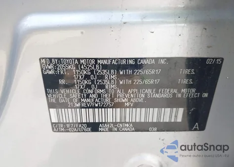 2015 Toyota Rav4 Xle из США, поврежденный, VIN 2T3WFREV7FW172757